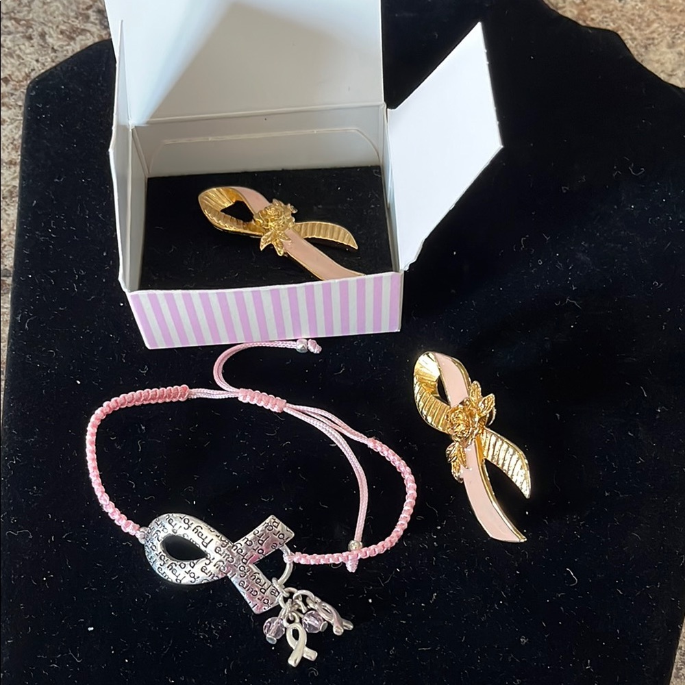 Pink and Gold Awareness Ribbon Bracelet and Pin Set